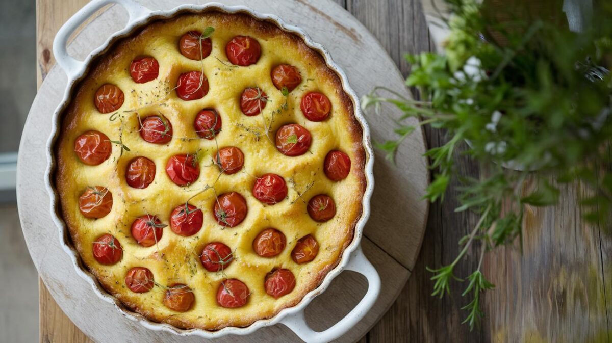 Clafoutis tomates–moutarde rapide : 12 minutes d’assemblage