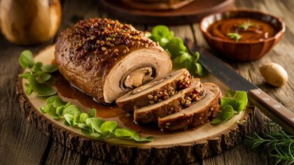 Rôti végétal aux champignons : jus riche, tranches qui se tiennent