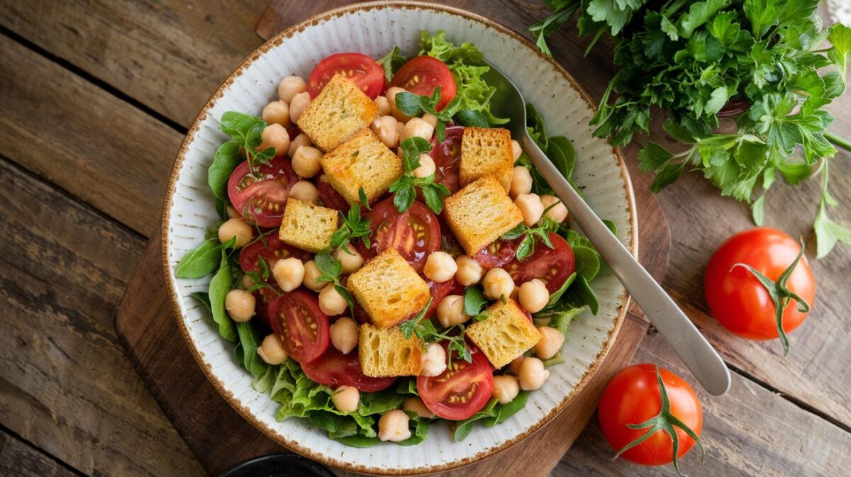 Salade tomates–pois chiches, harissa et croûtons : savoureuse et croquante